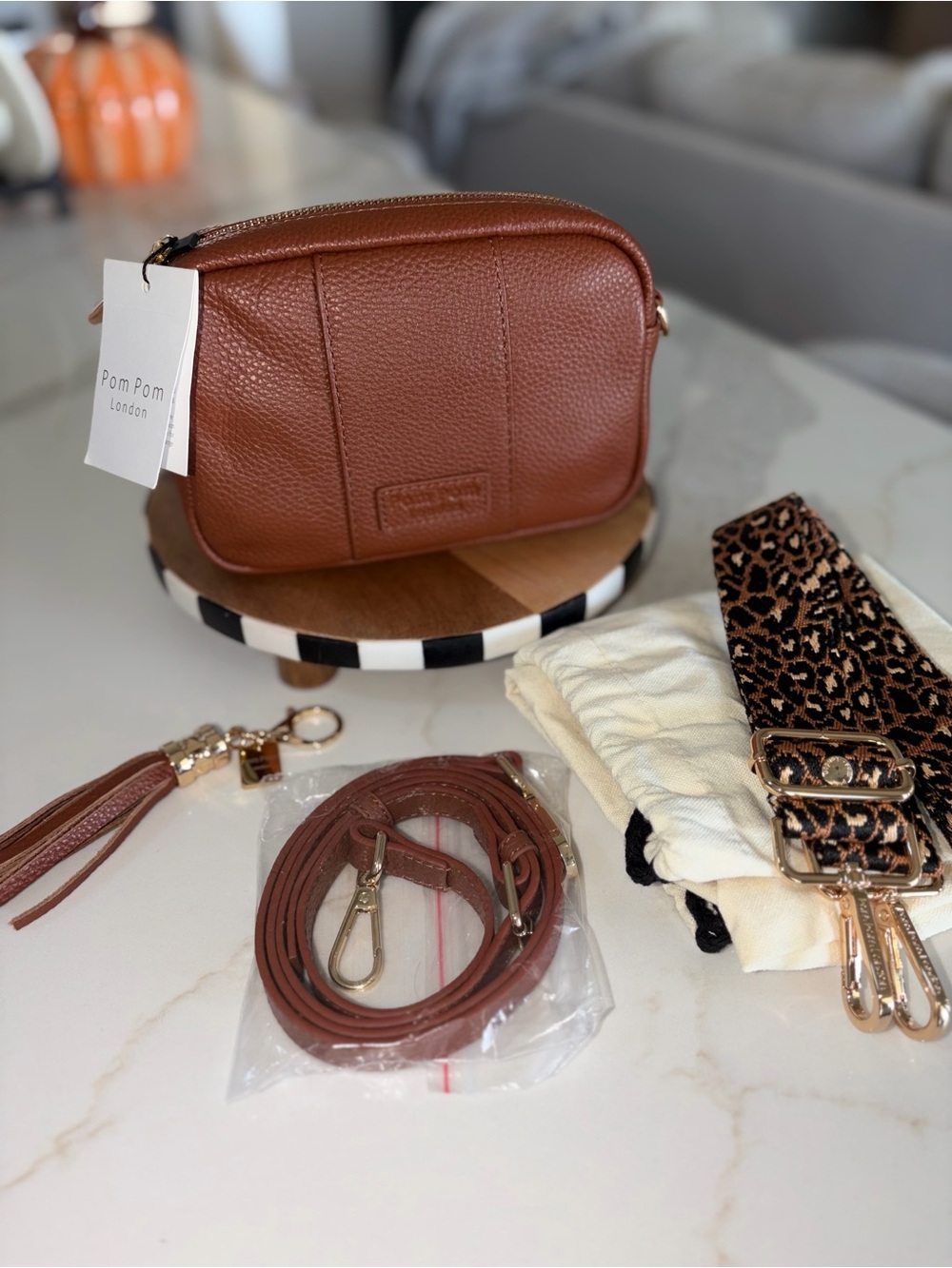 Pom Pom London Mini City Chestnut Brown Crossbody Bag Purse Leopard Strap NWT